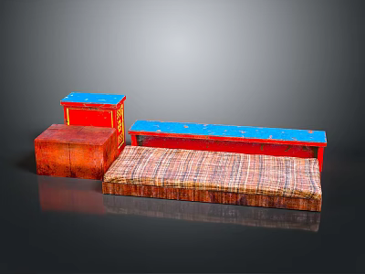 Vintage Furniture Collection With Red Cabinets Blue Tops And Plaid Pattern Cushions 3d model