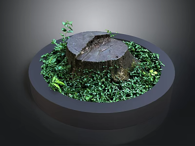 Tree Stump Decorative Display With Circular Base And Lush Green Plants 3d model