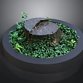 Tree Stump Decorative Display With Circular Base And Lush Green Plants