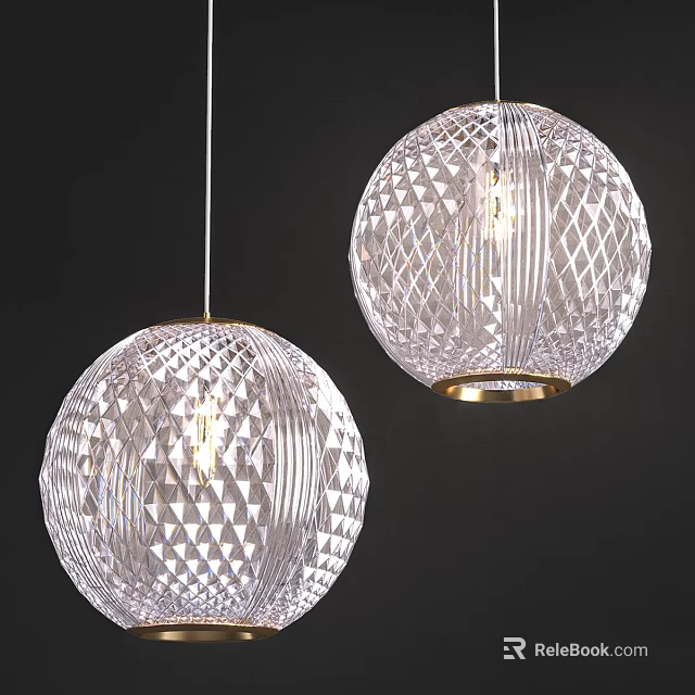 Transparent Crystal Spherical Pendant Lights With Cut Patterns And Gold Base On Dark Background 3d model 