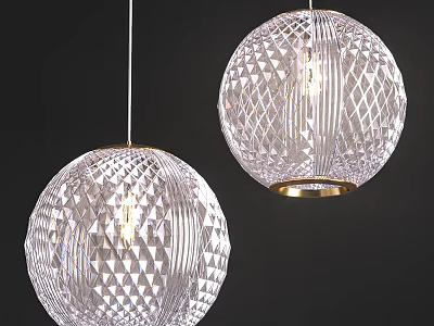Transparent Crystal Spherical Pendant Lights With Cut Patterns And Gold Base On Dark Background 3d model
