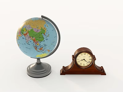 Colorful Globe and Wooden Mantel Clock Decorative Ornament Set for Home 3d model