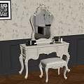 Classic White Dressing Table With Ornate Mirror Stool Floral Wallpaper Dark Wainscoting And Wooden Floor