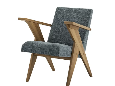 Minimalist Modern Gray Fabric Armchair With Light Wooden Armrests And Legs 3d model