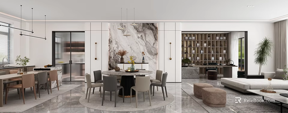 Dining and Living Room Interior With Round Table Marble Wall And Pendant Lights 3d model 