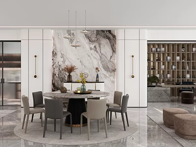 Dining and Living Room Interior With Round Table Marble Wall And Pendant Lights 3d model