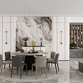 Dining and Living Room Interior With Round Table Marble Wall And Pendant Lights