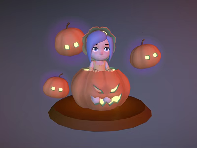 Cartoon Girl With Blue Hair Sitting In Halloween Pumpkin Surrounded By Glowing Small Pumpkins 3d model