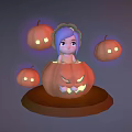 Cartoon Girl With Blue Hair Sitting In Halloween Pumpkin Surrounded By Glowing Small Pumpkins