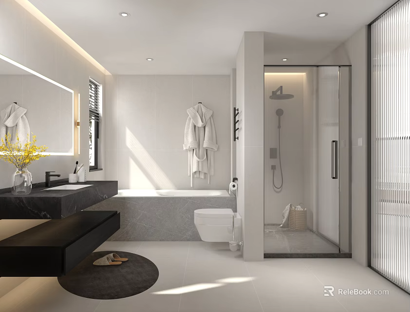 Modern Bathroom Interior With Large Mirror Vanity Bathtub Walk In Shower And Yellow Flowers 3d model 