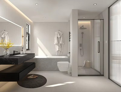 Modern Bathroom Interior With Large Mirror Vanity Bathtub Walk In Shower And Yellow Flowers 3d model