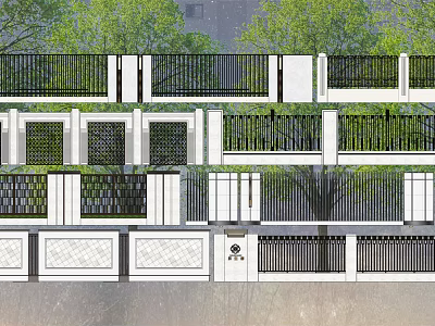 Building Exterior Wall Design With Decorative Grilles Railing Windows and Green Plants 3d model