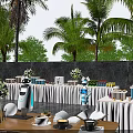 Outdoor Living Scene With Daily Life Products Cups Fruits Flowers And White Tablecloth