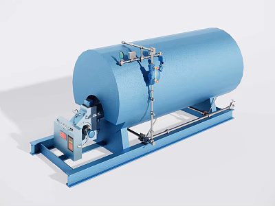 Blue Horizontal Industrial Pressure Vessel With Support Frame And Piping System 3d model