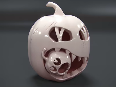 White Pumpkin Shaped Sculpture Carving With Hollow Design And Small Skull Inside 3d model