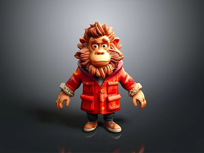 Stylish Gorilla Character In Red Coat With Detailed Fur And Casual Shoes 3d model