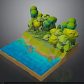 Vibrant 3D Nature Scene with Green Trees Blue Water Yellow Ground and Pink Flowers
