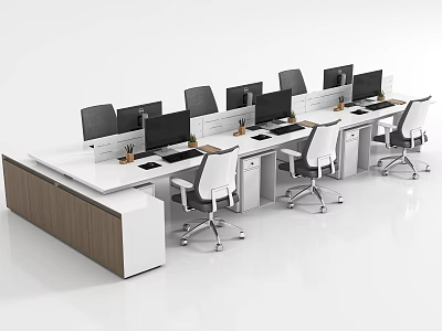 Modern Office Workstation With Multiple Desks White Chairs And Computer Monitors 3d model