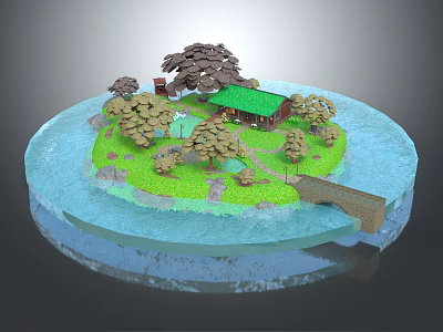 Cartoon Island Scene with Green Grass Trees Small House and Bridge Surrounded by Water 3d model
