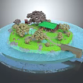 Cartoon Island Scene with Green Grass Trees Small House and Bridge Surrounded by Water