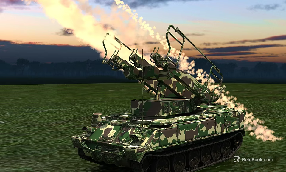 Camouflage Military Tank Firing Artillery With Smoke Trails In Grass Field Sunset Sky 3d model 