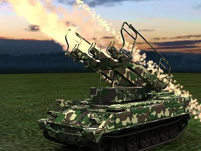 Camouflage Military Tank Firing Artillery With Smoke Trails In Grass Field Sunset Sky 3d model