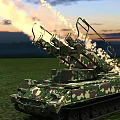 Camouflage Military Tank Firing Artillery With Smoke Trails In Grass Field Sunset Sky