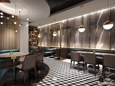 Elegant Modern Restaurant Interior With Pendant Lights Decorative Walls And Checkerboard Floor 3d model