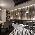 Elegant Modern Restaurant Interior With Pendant Lights Decorative Walls And Checkerboard Floor