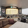 Modern Cafe Interior With Cozy Sofa Seating Tables Chairs Bar Counter And City View Windows