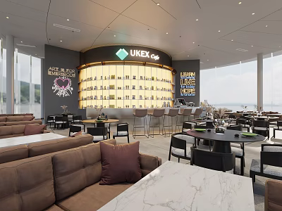 Modern Cafe Interior With Cozy Sofa Seating Tables Chairs Bar Counter And City View Windows 3d model