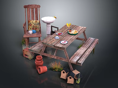 Rustic Outdoor Picnic Area With Wooden Table Chair Bird Bath Flower Pots And Bird Houses 3d model