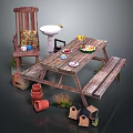 Rustic Outdoor Picnic Area With Wooden Table Chair Bird Bath Flower Pots And Bird Houses