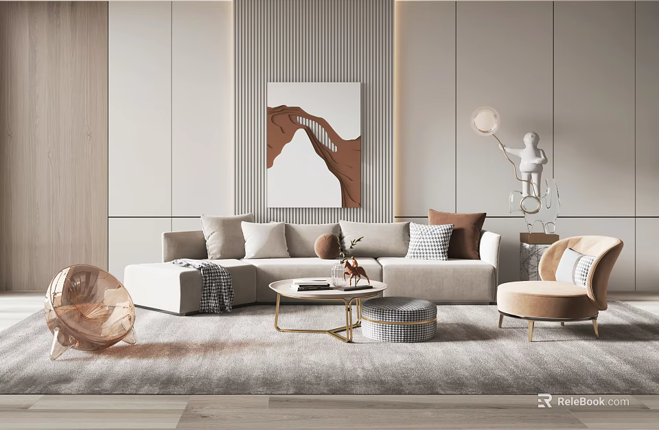 Modern Elegant Sofa And Coffee Table Set With Plush Cushions Soft Rug And Accent Chair 3d model 