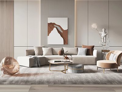 Modern Elegant Sofa And Coffee Table Set With Plush Cushions Soft Rug And Accent Chair 3d model