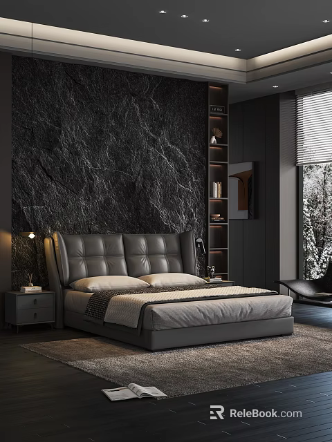 Modern Luxurious Bedroom Interior Design With Dark Marble Feature Wall Leather Headboard And Shelving Unit 3d model 
