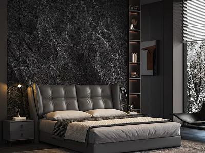 Modern Luxurious Bedroom Interior Design With Dark Marble Feature Wall Leather Headboard And Shelving Unit 3d model