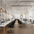 Modern Public Office Space With Workstations Computers Hanging Lights And Brick Wall