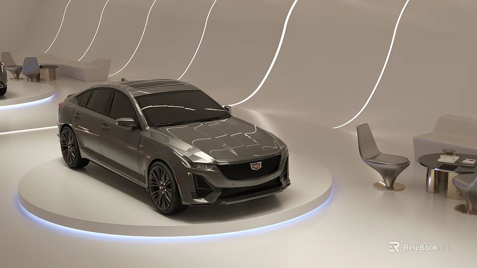 Contemporary Car Showroom Showcasing Sleek Sedan On Lit Platform With Modern Lighting And Leather Seating 3d model 