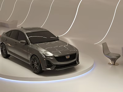Contemporary Car Showroom Showcasing Sleek Sedan On Lit Platform With Modern Lighting And Leather Seating 3d model