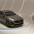 Contemporary Car Showroom Showcasing Sleek Sedan On Lit Platform With Modern Lighting And Leather Seating