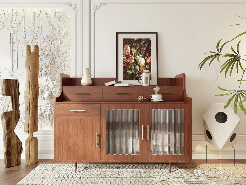 Wooden Sideboard with Glass Doors in Modern Dining Room with Vase Wall Art Plant and Rug 3d model 