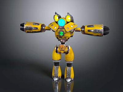 Yellow And Silver Game Movie Robot Character With Glowing Blue Green Lights And Mechanical Arms 3d model