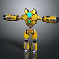 Yellow And Silver Game Movie Robot Character With Glowing Blue Green Lights And Mechanical Arms