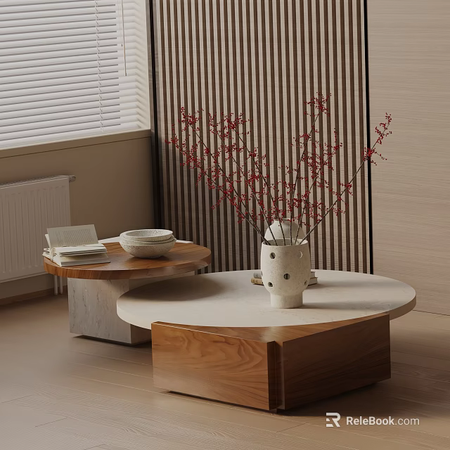 Modern Sofa Coffee Table Combination With Wooden Round Tables And Decorative Red Blossom Vase 3d model 