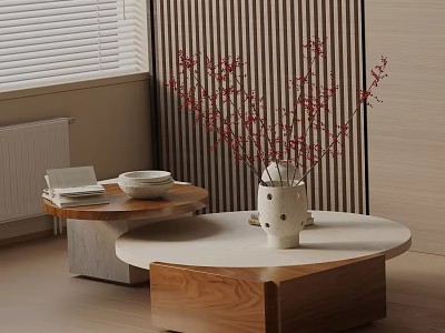 Modern Sofa Coffee Table Combination With Wooden Round Tables And Decorative Red Blossom Vase 3d model