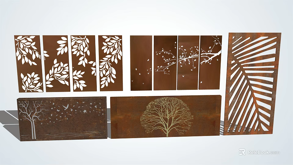 Rusted Steel Feature Wall with Leaf Branch Bird Tree and Geometric Patterns 3d model