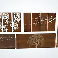 Rusted Steel Feature Wall with Leaf Branch Bird Tree and Geometric Patterns 3d model