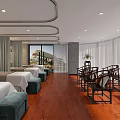 Serene SPA Massage Room Interior With White Beds Blue Stools Decorative Paintings And Wooden Flooring