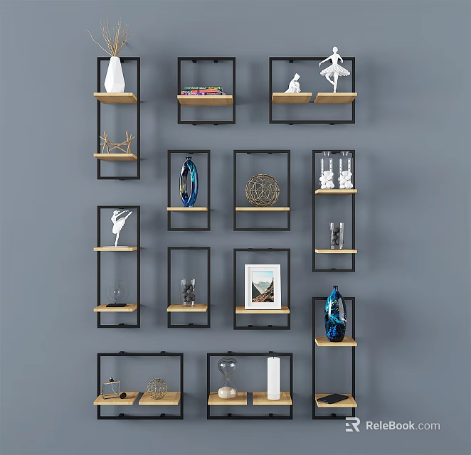 Wall Shelves With Black Frames And Wooden Shelves On Gray Wall Displaying Decorative Items 3d model 